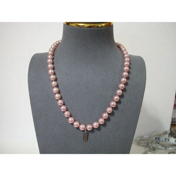 Pink Faux Pearl Necklace With Silver-Tone Kisska Charm & Decorative Clasp - Picture 1 of 6